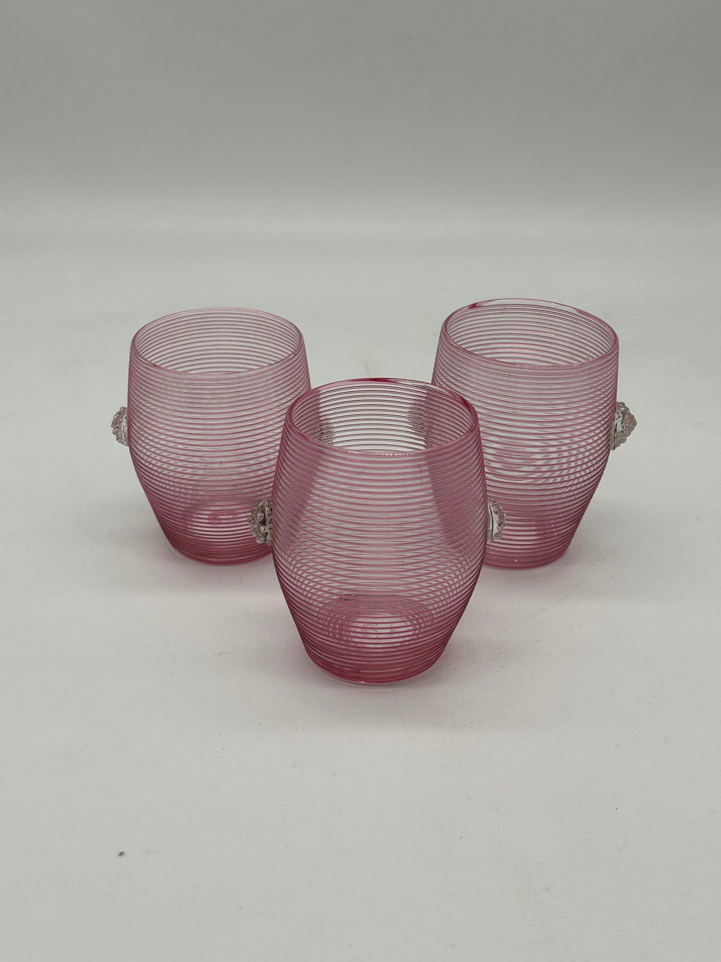 Pink Ribbed Glass Cups with Applied Clear Decoration