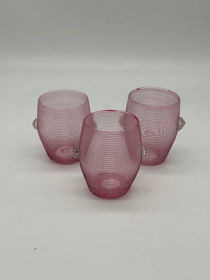 Pink Ribbed Glass Cups with Applied Clear Decoration