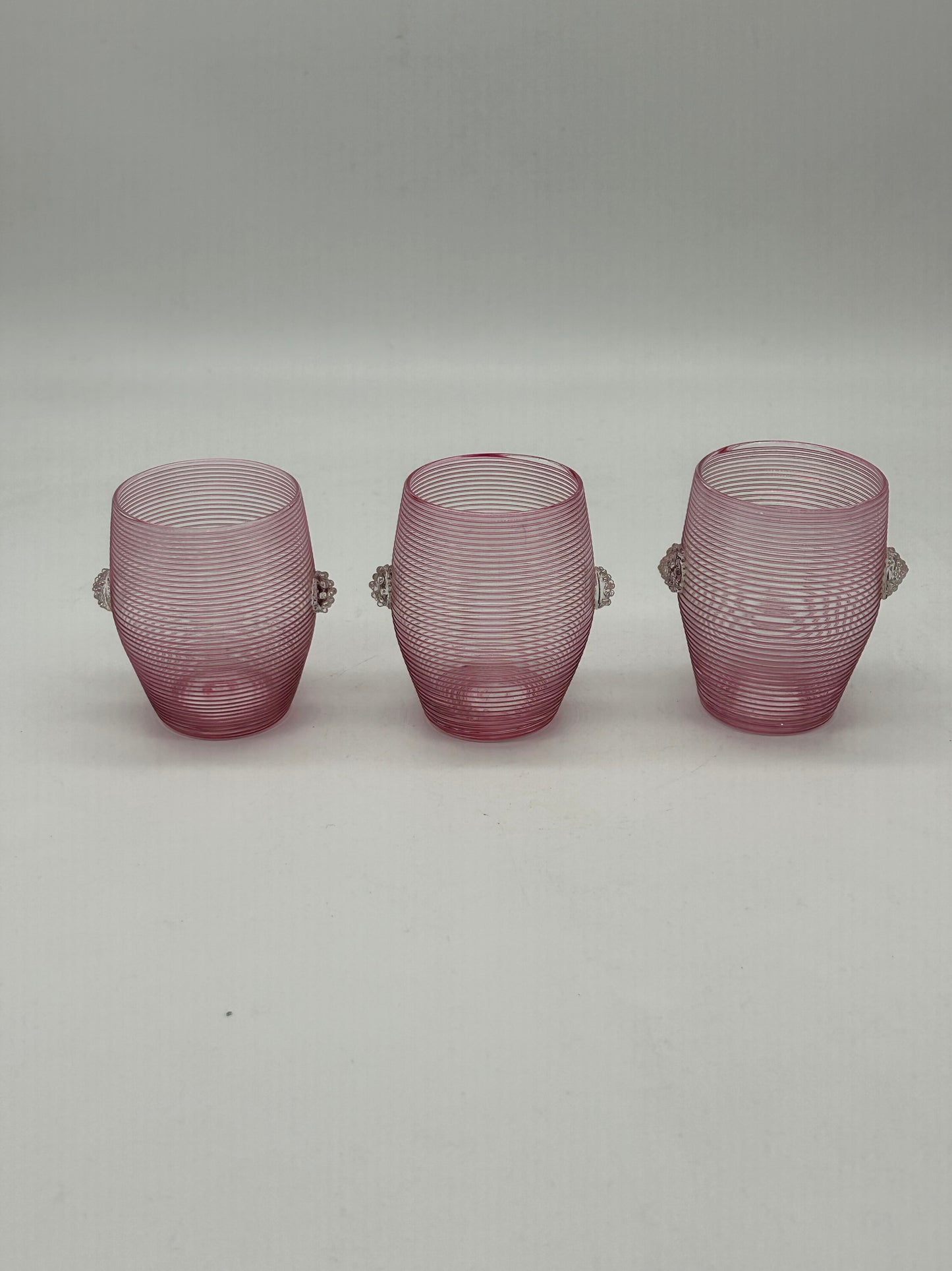 Pink Ribbed Glass Cups with Applied Clear Decoration