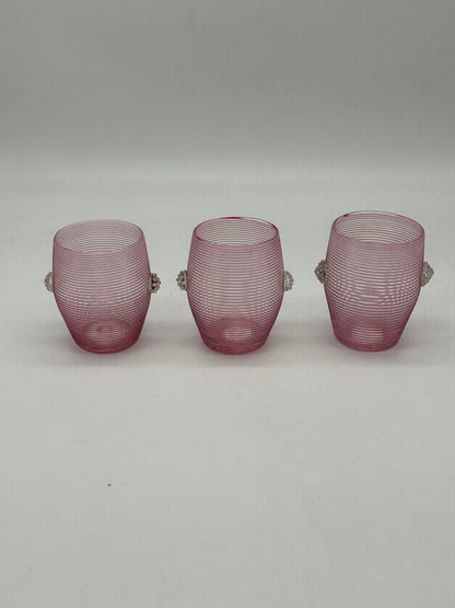 Pink Ribbed Glass Cups with Applied Clear Decoration