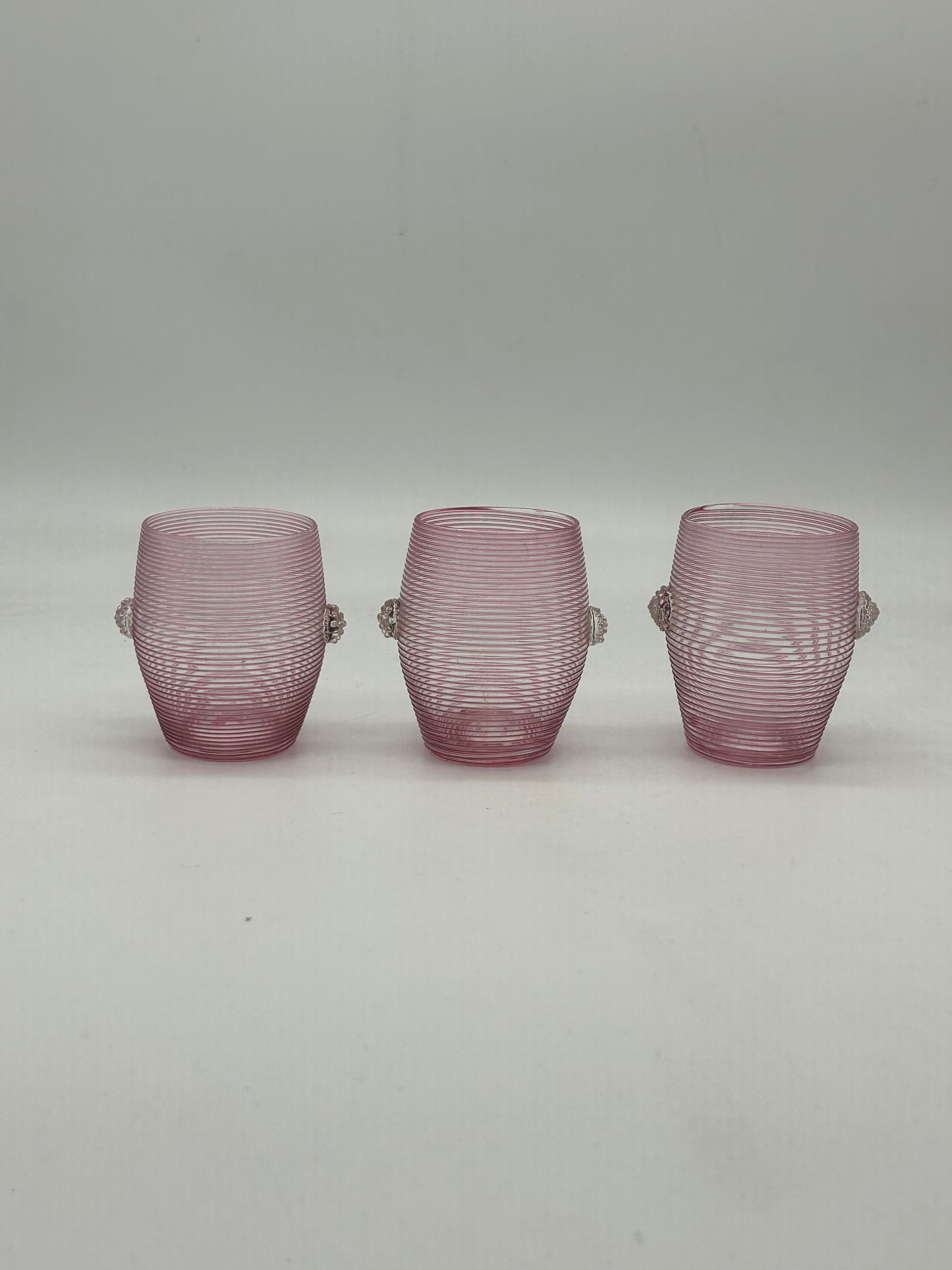 Pink Ribbed Glass Cups with Applied Clear Decoration