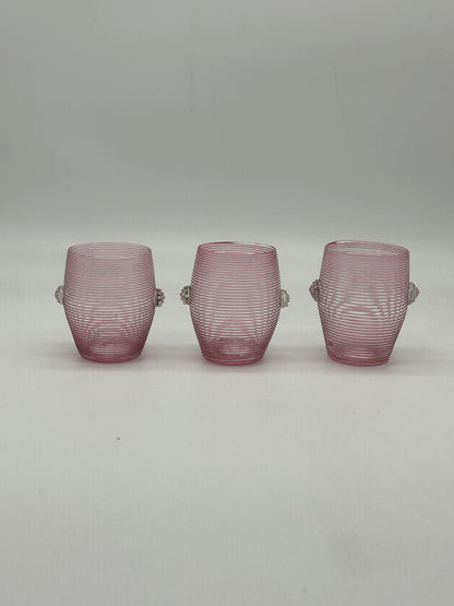 Pink Ribbed Glass Cups with Applied Clear Decoration