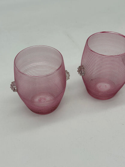 Pink Ribbed Glass Cups with Applied Clear Decoration