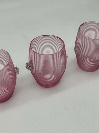 Pink Ribbed Glass Cups with Applied Clear Decoration