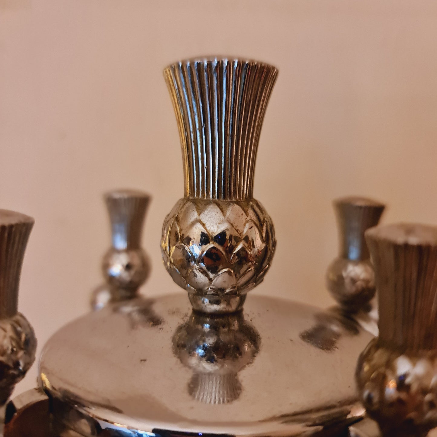 Fireside Fire Tool Set in Deco Style Chrome and Thistle