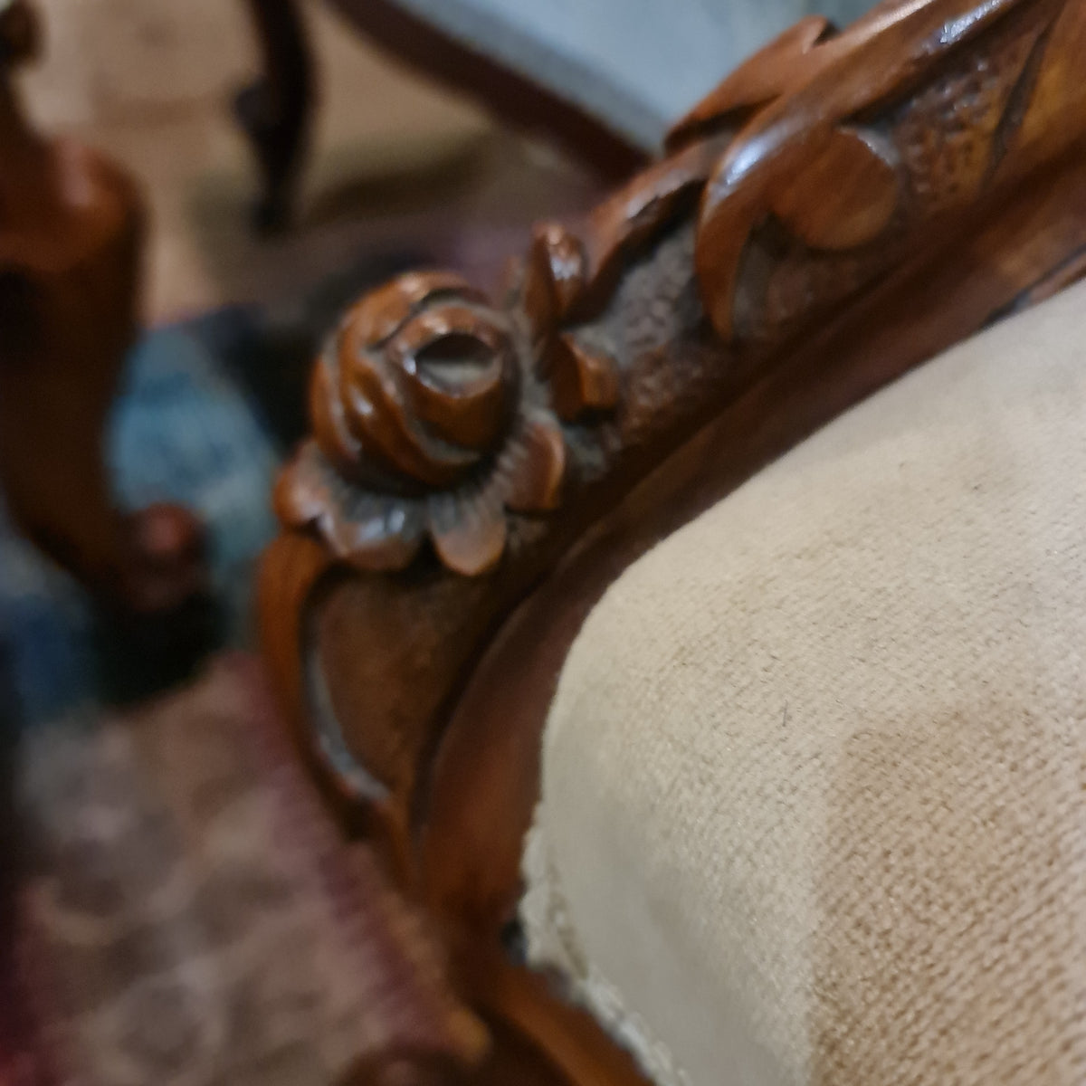 Victorian Antique Salon Armchair with Camel Button Velvet Upholtsery