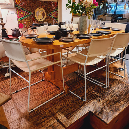 Six Danish Style Chairs with Iron Frames and Off White Leather