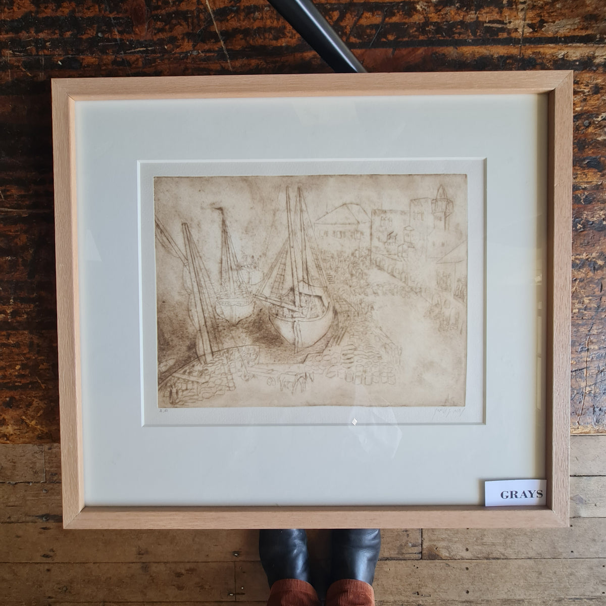 Signed Etching by Nachum Gutman of Boat and Harbour