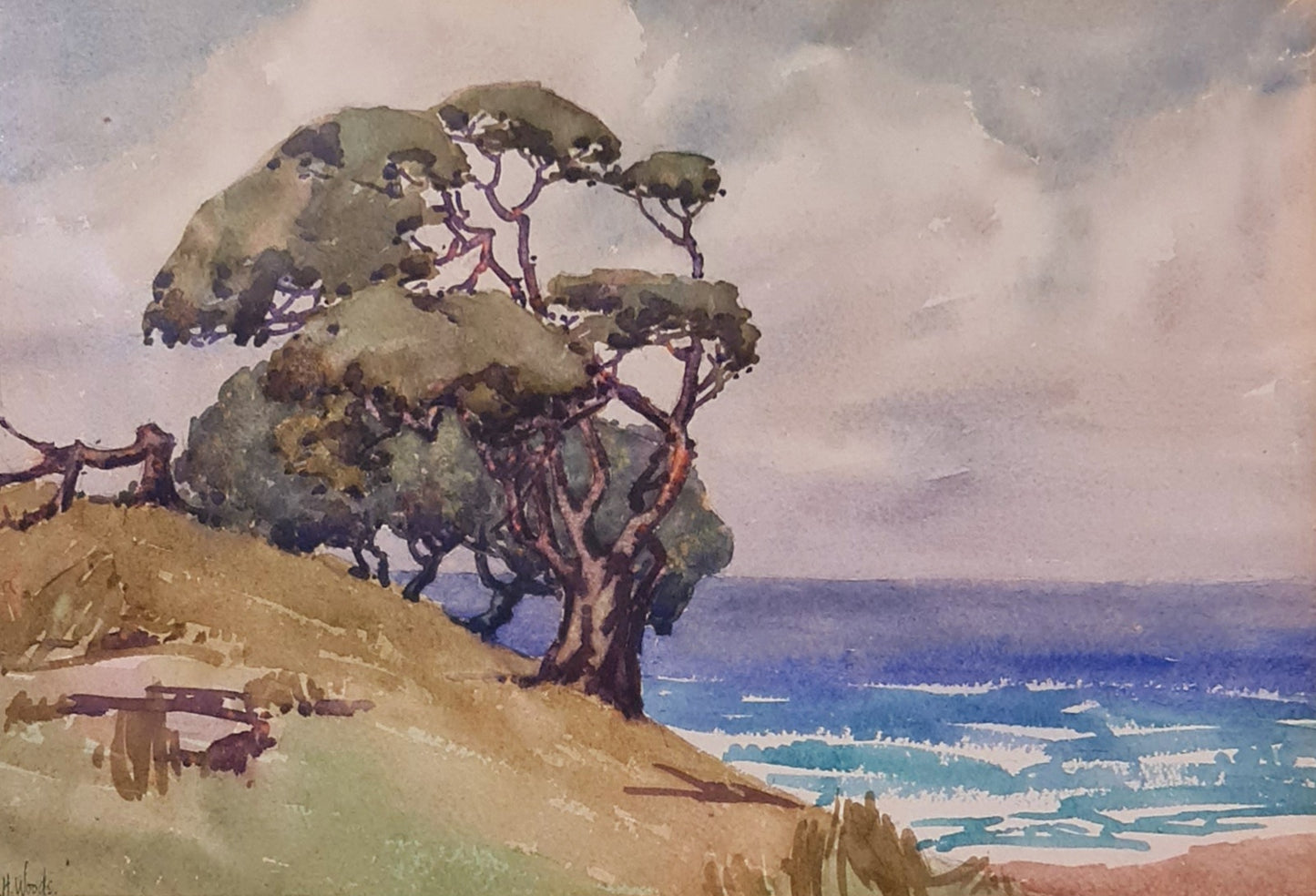 Seascape in Watercolour by C. H. Woods Australian Painting of Coastal Scene