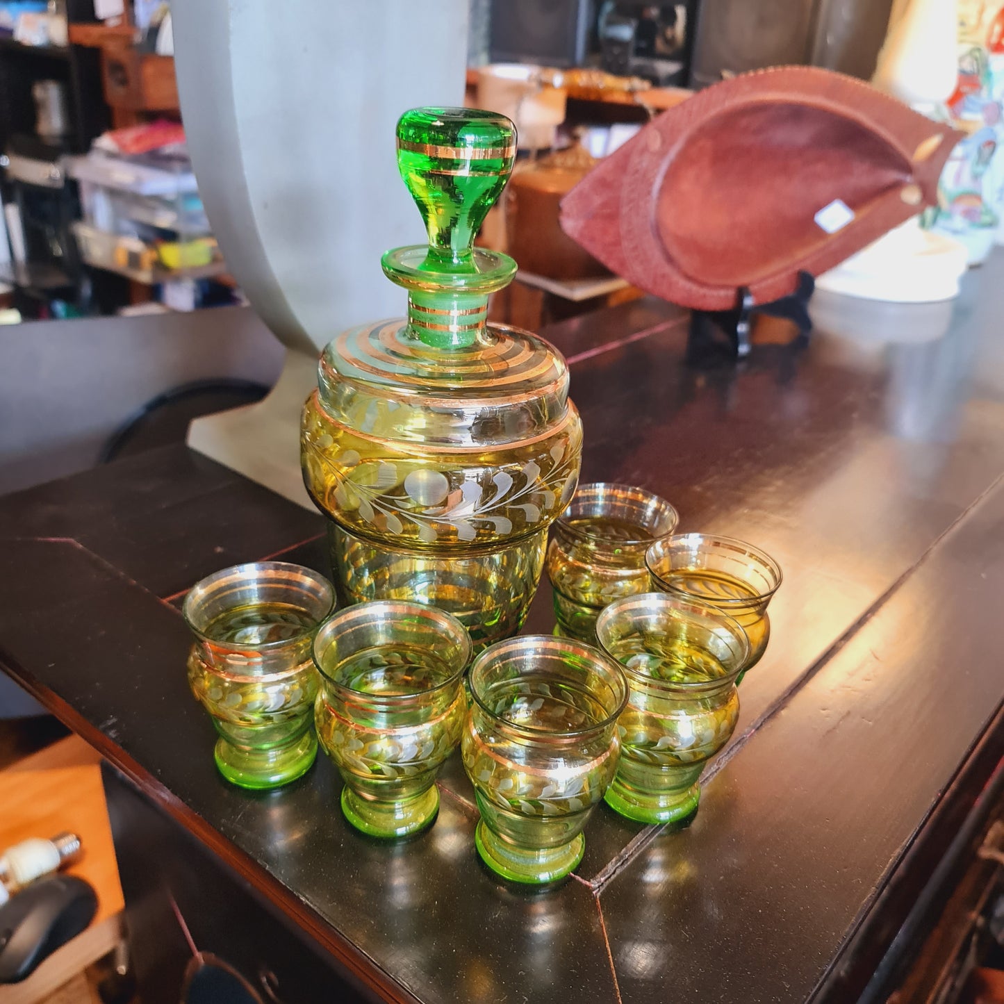 Drinks Set Green Glass Decanter Spirits