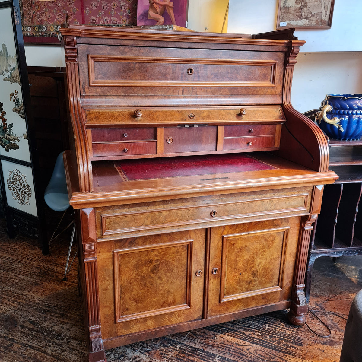 Barrel Top Desk like a Roll Top with Leather Writing Surface Drawers and Pigeon Holes