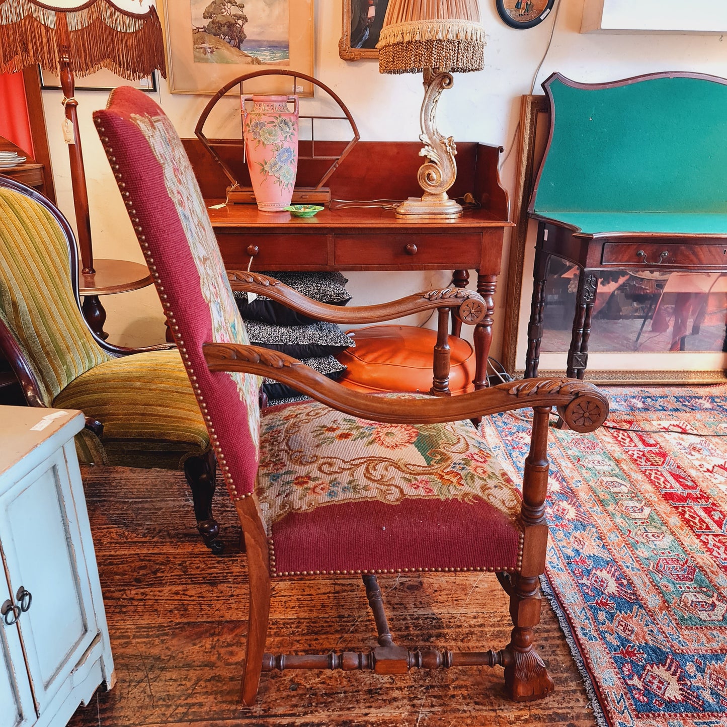 Antique French Armchair Fauteuille with Oak Frame and Hand Woven Tapestry