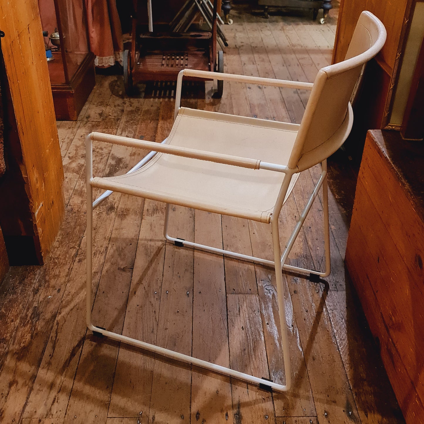 Six Danish Style Chairs with Iron Frames and Off White Leather
