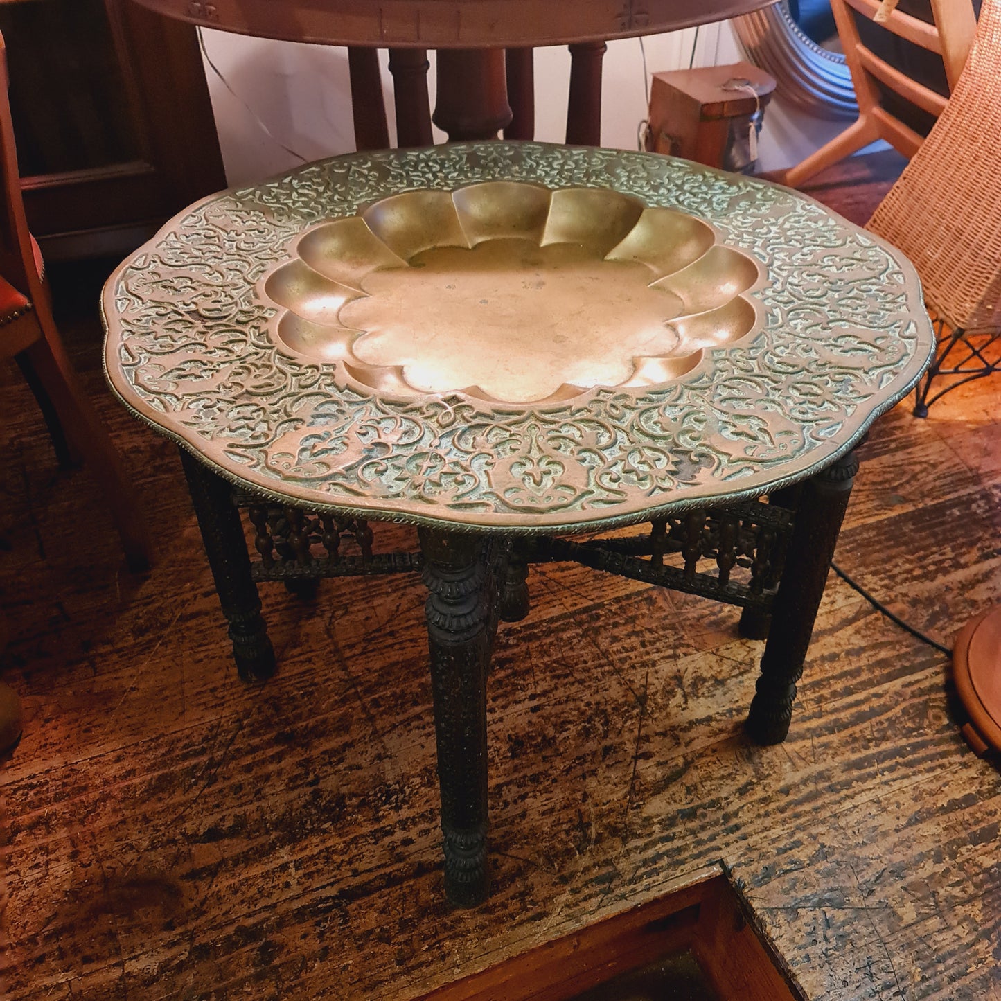 Morrocan Coffee Tray Table with Folding Legs and Brass Dished Top