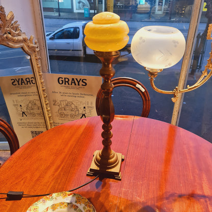 Vintage Tall Table lamp with Brass Base and Marbled Glass Shade
