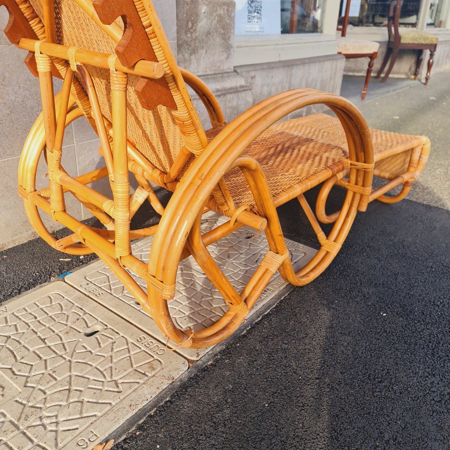 Cane Chair Recliner with Footstool Vintage Style for Balcony or Verandah