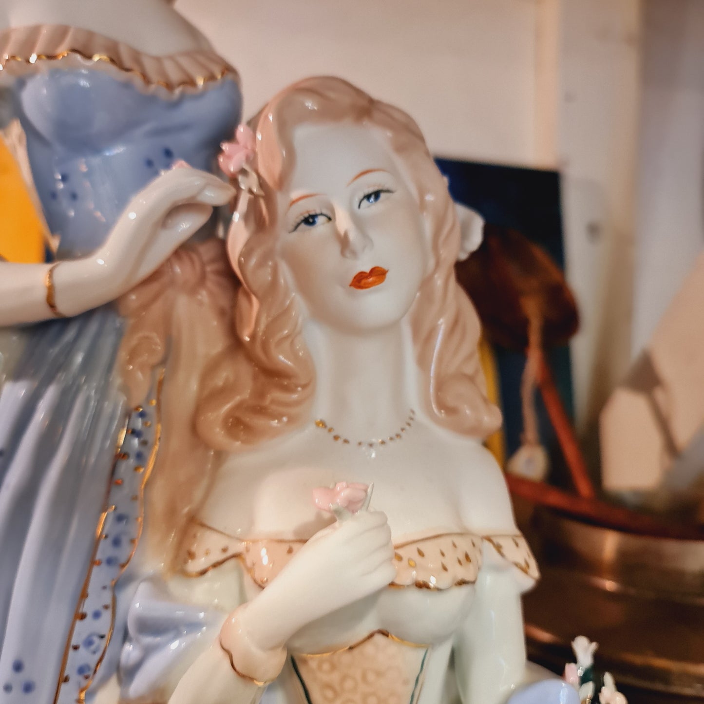 Large Loredano Figurine of Women in Antique Clothing and Dog