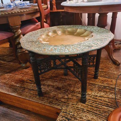 Morrocan Coffee Tray Table with Folding Legs and Brass Dished Top