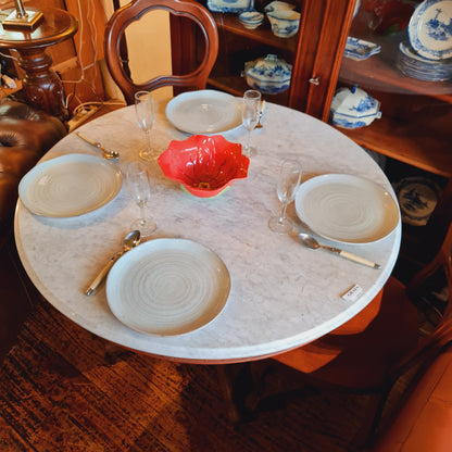 Dining Table with Round Marble Top and Antique Wooden Base