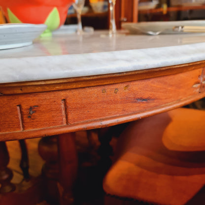 Dining Table with Round Marble Top and Antique Wooden Base