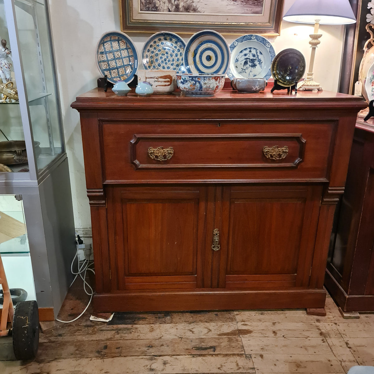 Antique Bureau Cabinet Incorporating Red Leather Top Desk