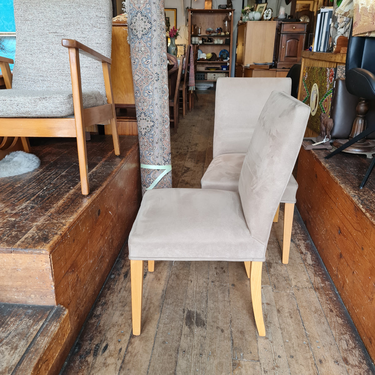 Dining Chairs Oak Frames and Grey Microsuede