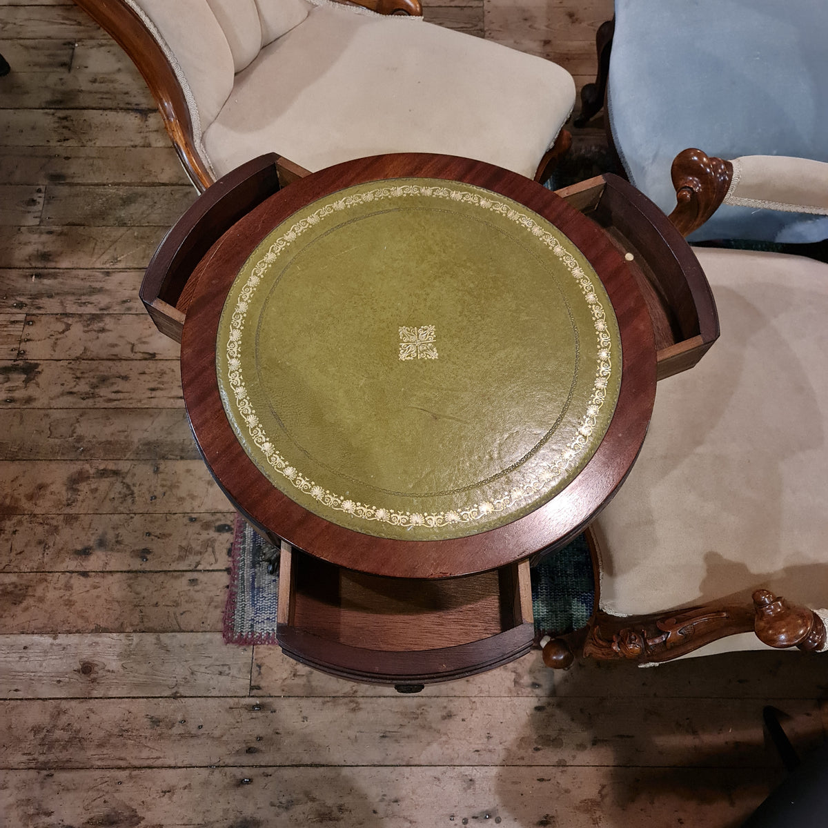 Antique Style Round Coffee Wine Table with Leather Top