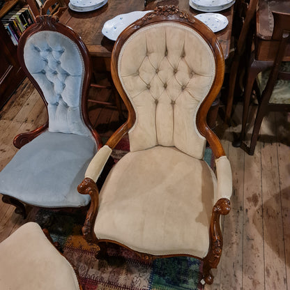 Victorian Antique Salon Armchair with Camel Button Velvet Upholtsery