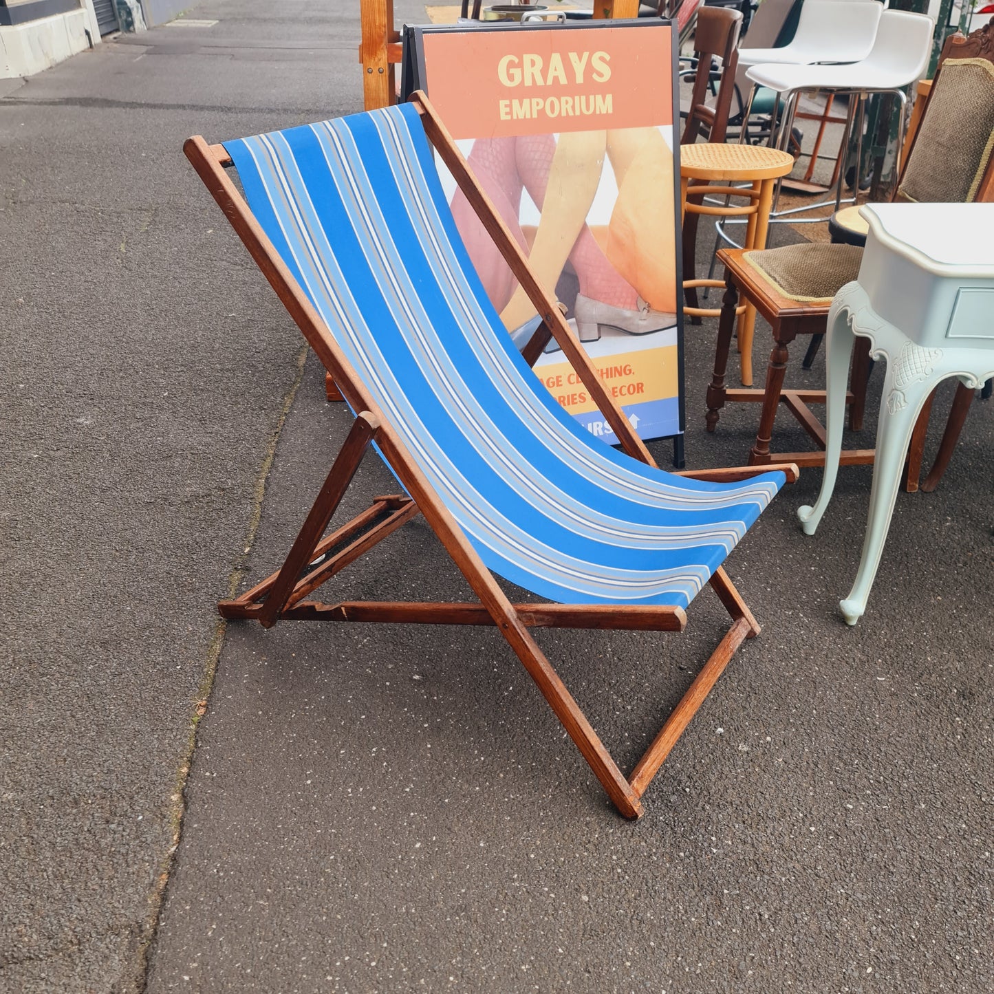 Folding Striped Canvas Deckchair Vintage 1950