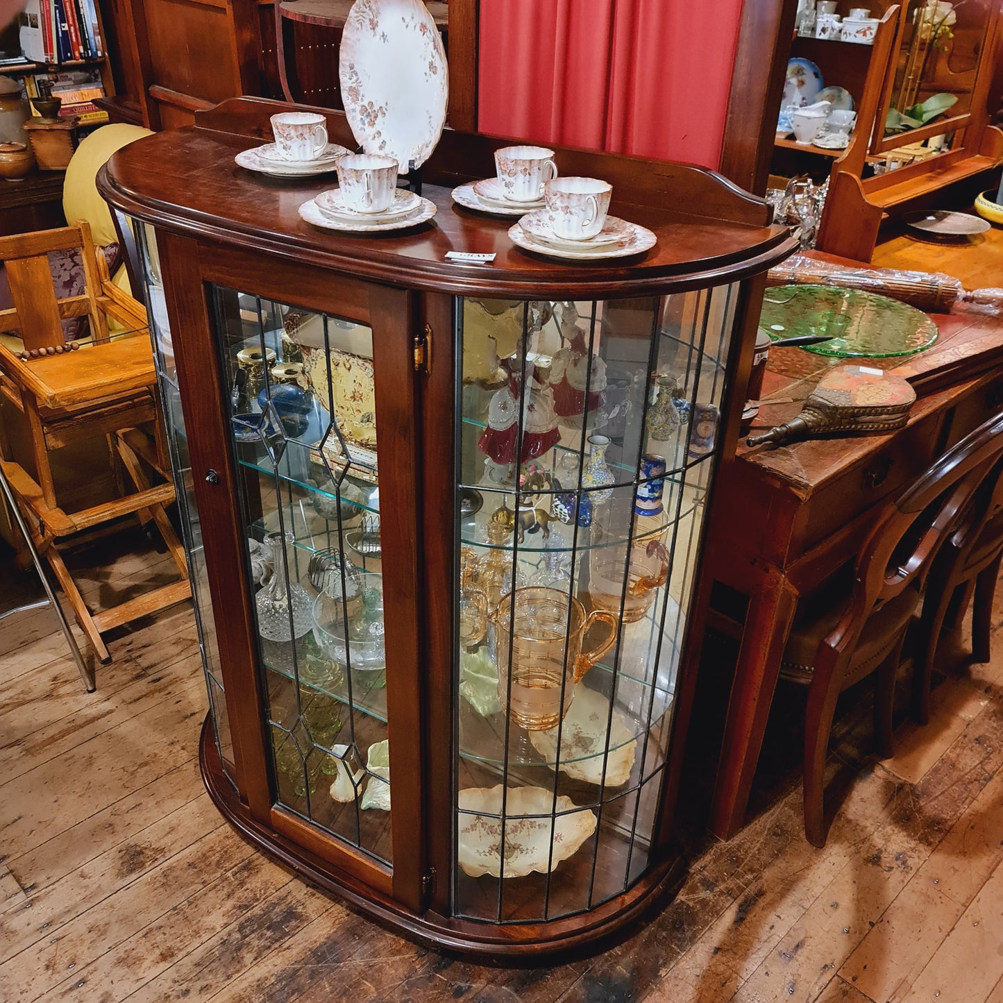 Display Cabinet Demi Lune with Leadlight and Glass Shelves