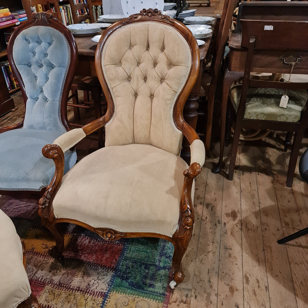 Victorian Antique Salon Armchair with Camel Button Velvet Upholtsery