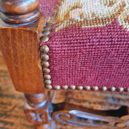 Antique French Armchair Fauteuille with Oak Frame and Hand Woven Tapestry