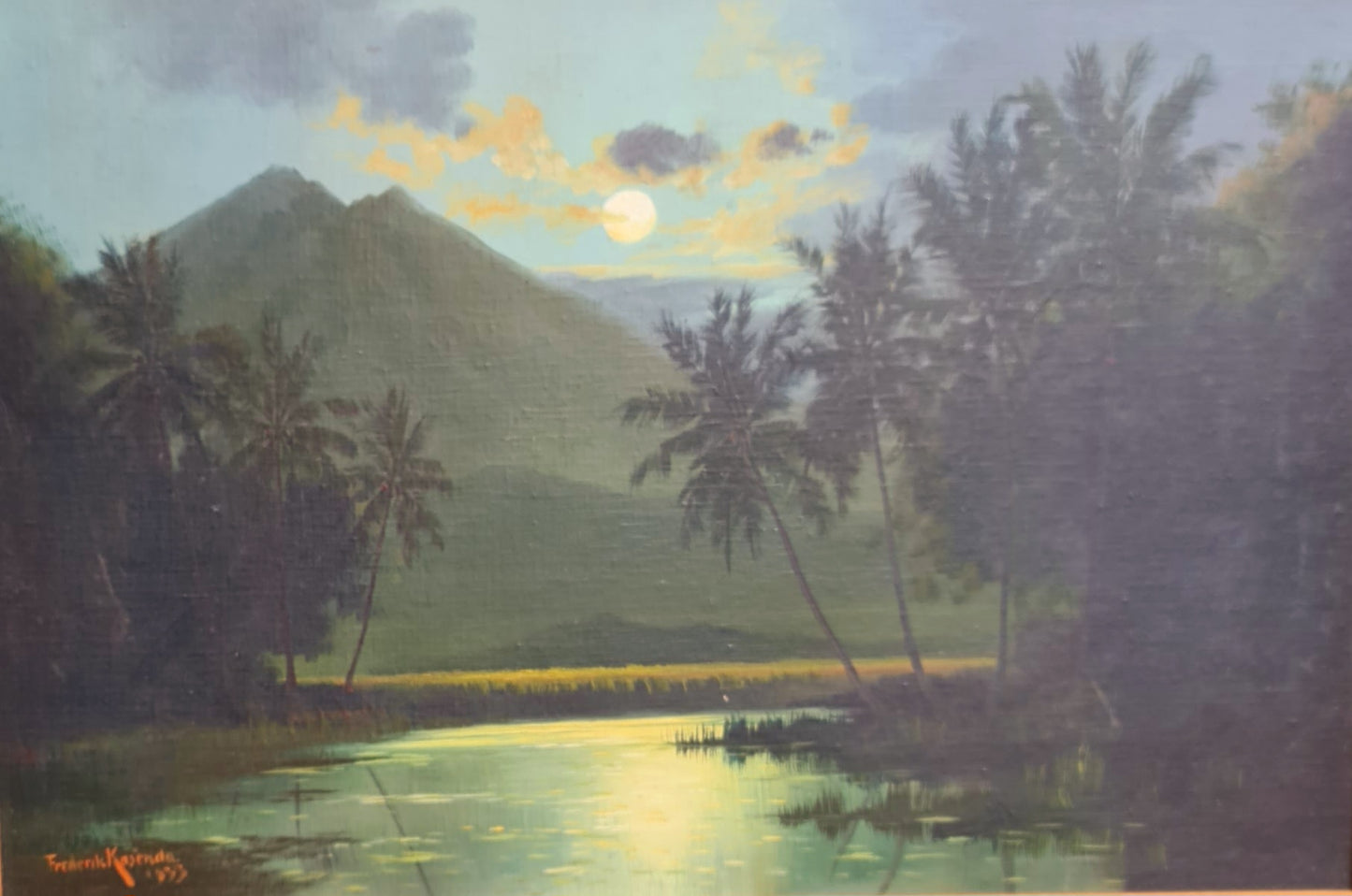 Original Painting of Night Scene in Bali Indonesia by Frederik Kasenda 1933
