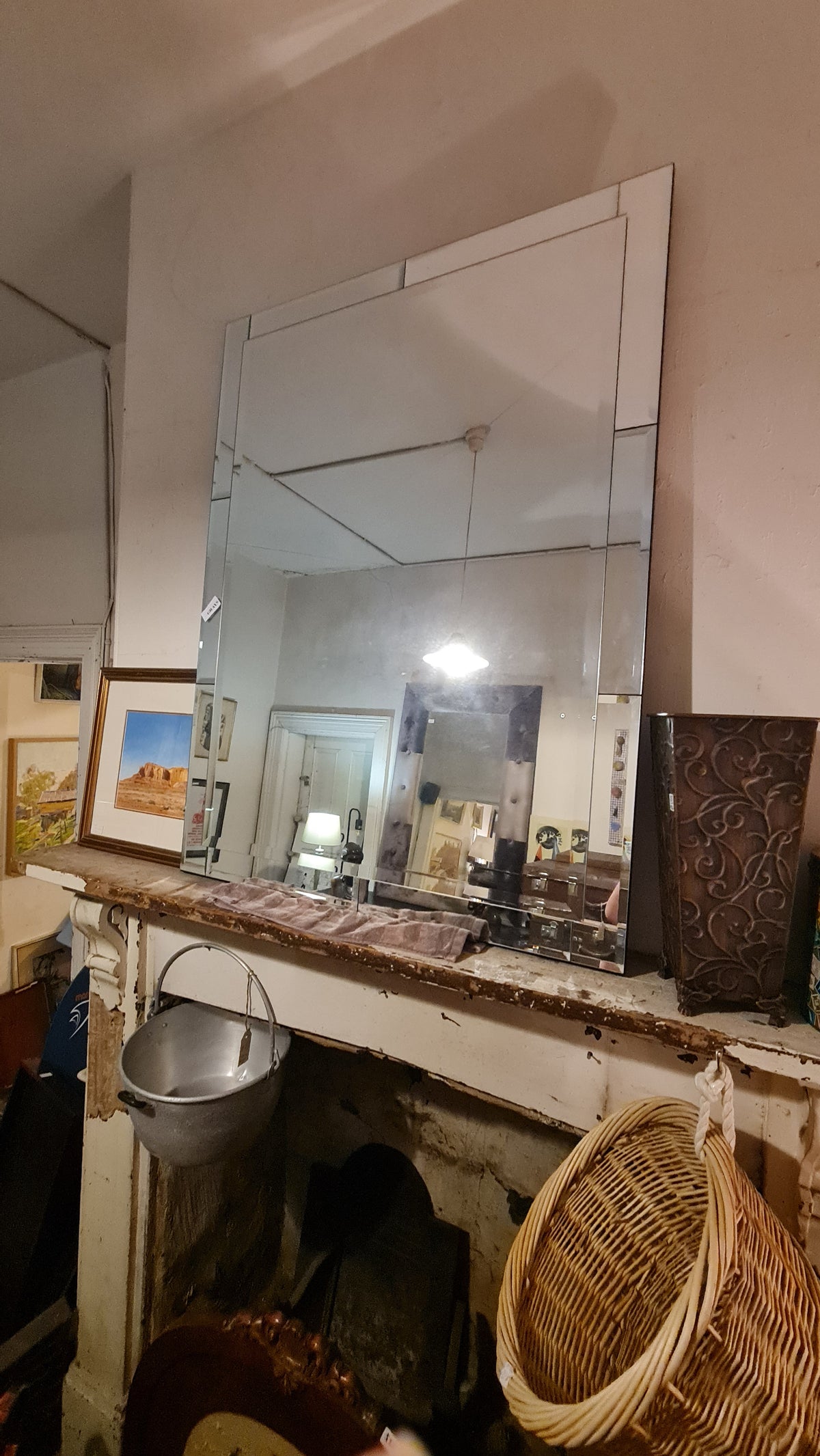 Large Unframed Deco Style Mirror for Overmantel Hallway or Dressing