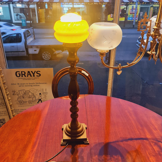 Vintage Tall Table lamp with Brass Base and Marbled Glass Shade