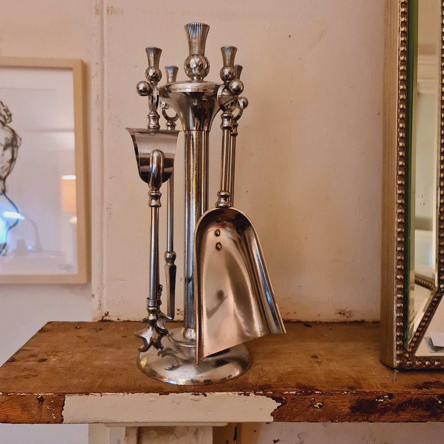 Fireside Fire Tool Set in Deco Style Chrome and Thistle