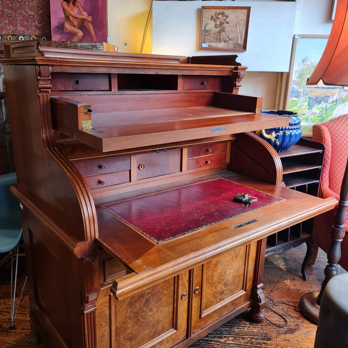 Barrel Top Desk like a Roll Top with Leather Writing Surface Drawers and Pigeon Holes