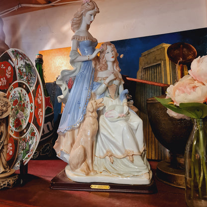 Large Loredano Figurine of Women in Antique Clothing and Dog
