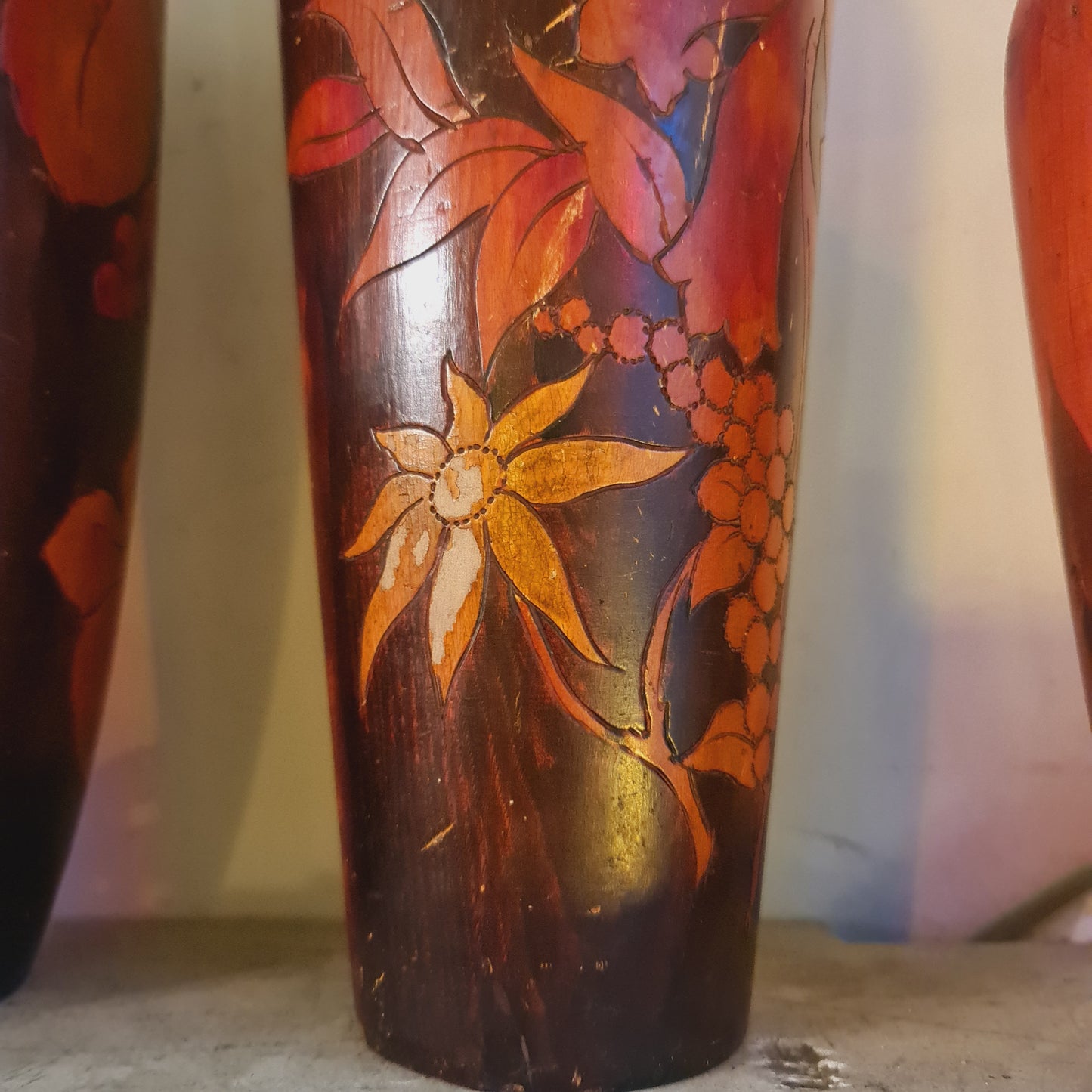 Wooden Vases Pokerwork Vintage