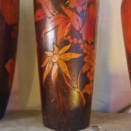 Wooden Vases Pokerwork Vintage