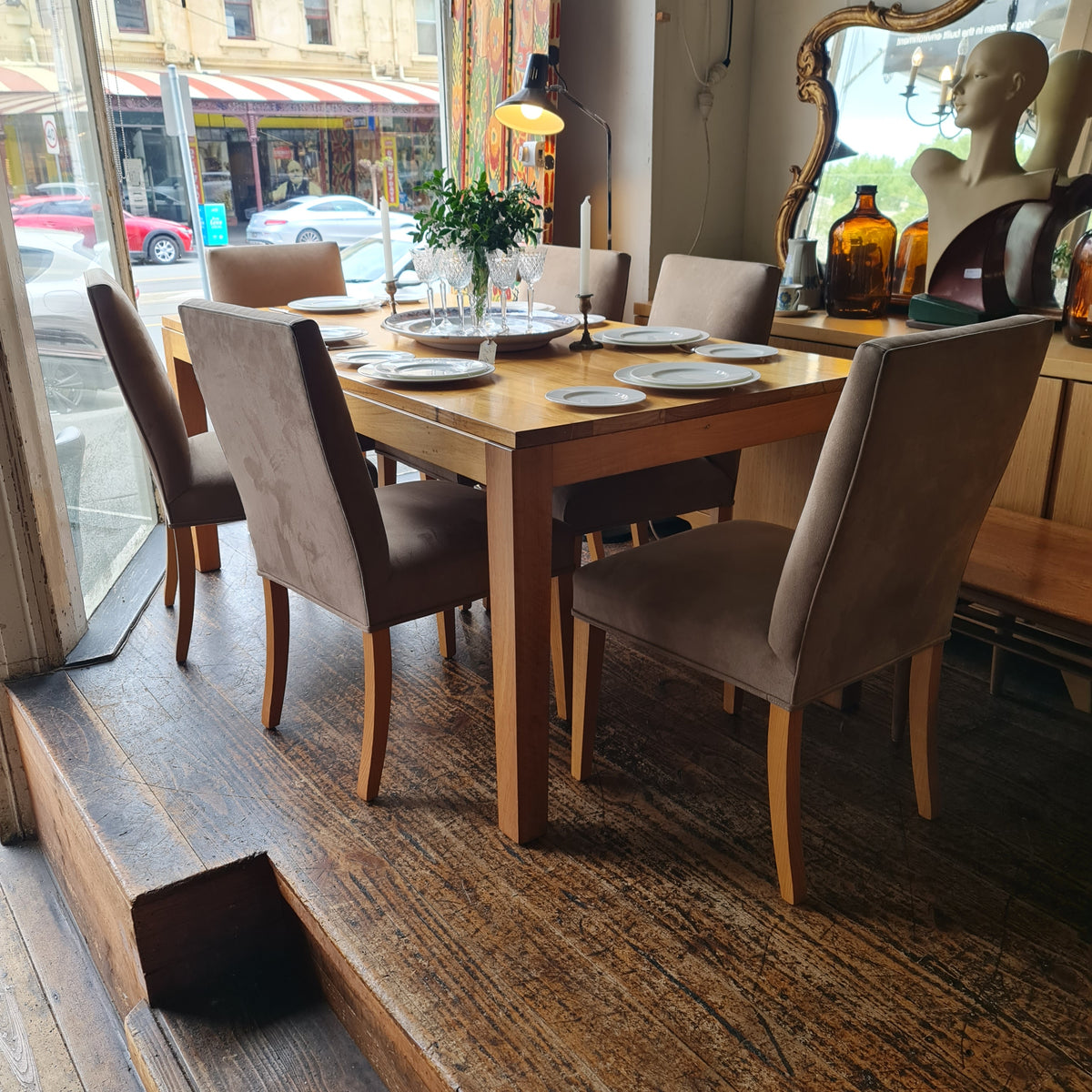 Dining Chairs Oak Frames and Grey Microsuede