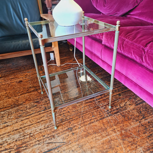 Two Tier Glass Side Table with Brass Frame