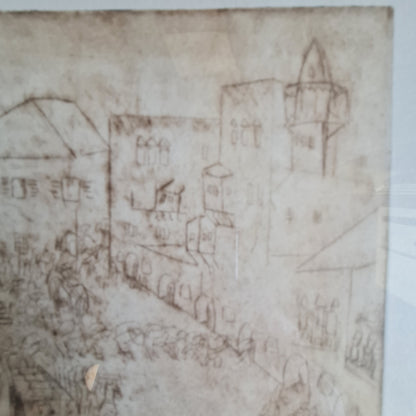 Signed Etching by Nachum Gutman of Boat and Harbour