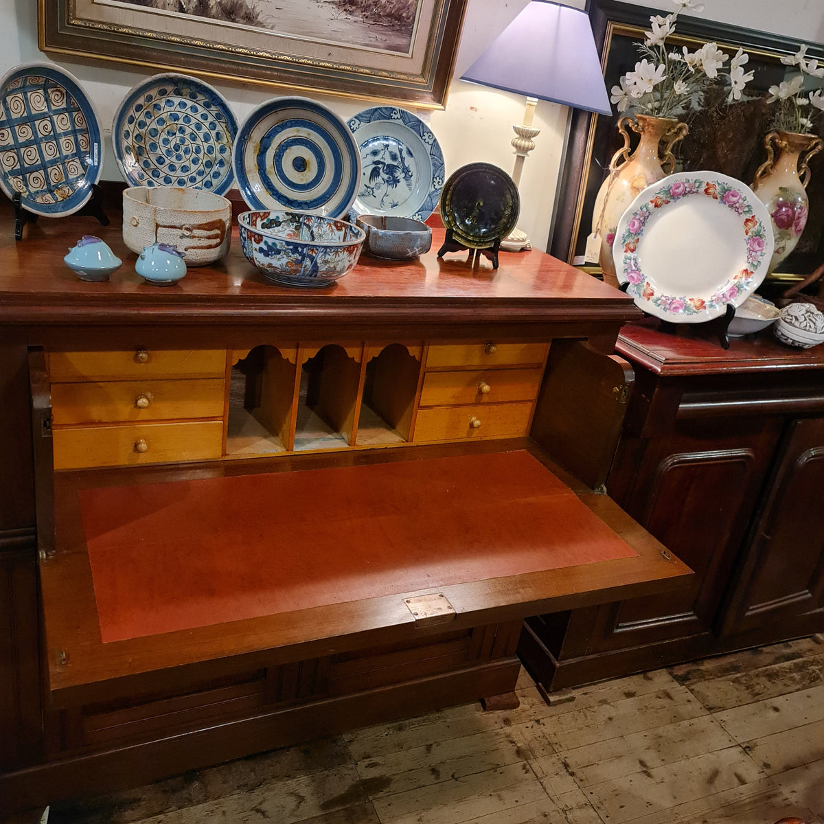 Antique Bureau Cabinet Incorporating Red Leather Top Desk
