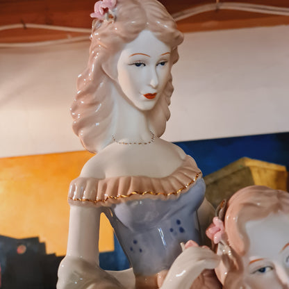 Large Loredano Figurine of Women in Antique Clothing and Dog