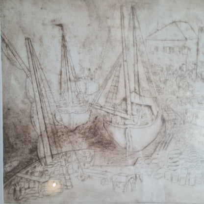 Signed Etching by Nachum Gutman of Boat and Harbour