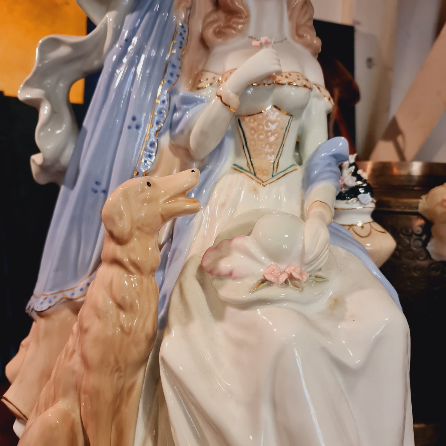 Large Loredano Figurine of Women in Antique Clothing and Dog