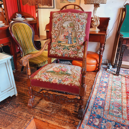 Antique French Armchair Fauteuille with Oak Frame and Hand Woven Tapestry