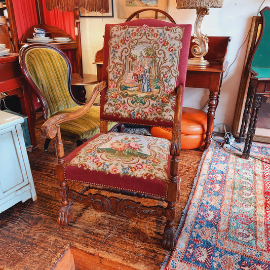 Antique French Armchair Fauteuille with Oak Frame and Hand Woven Tapestry