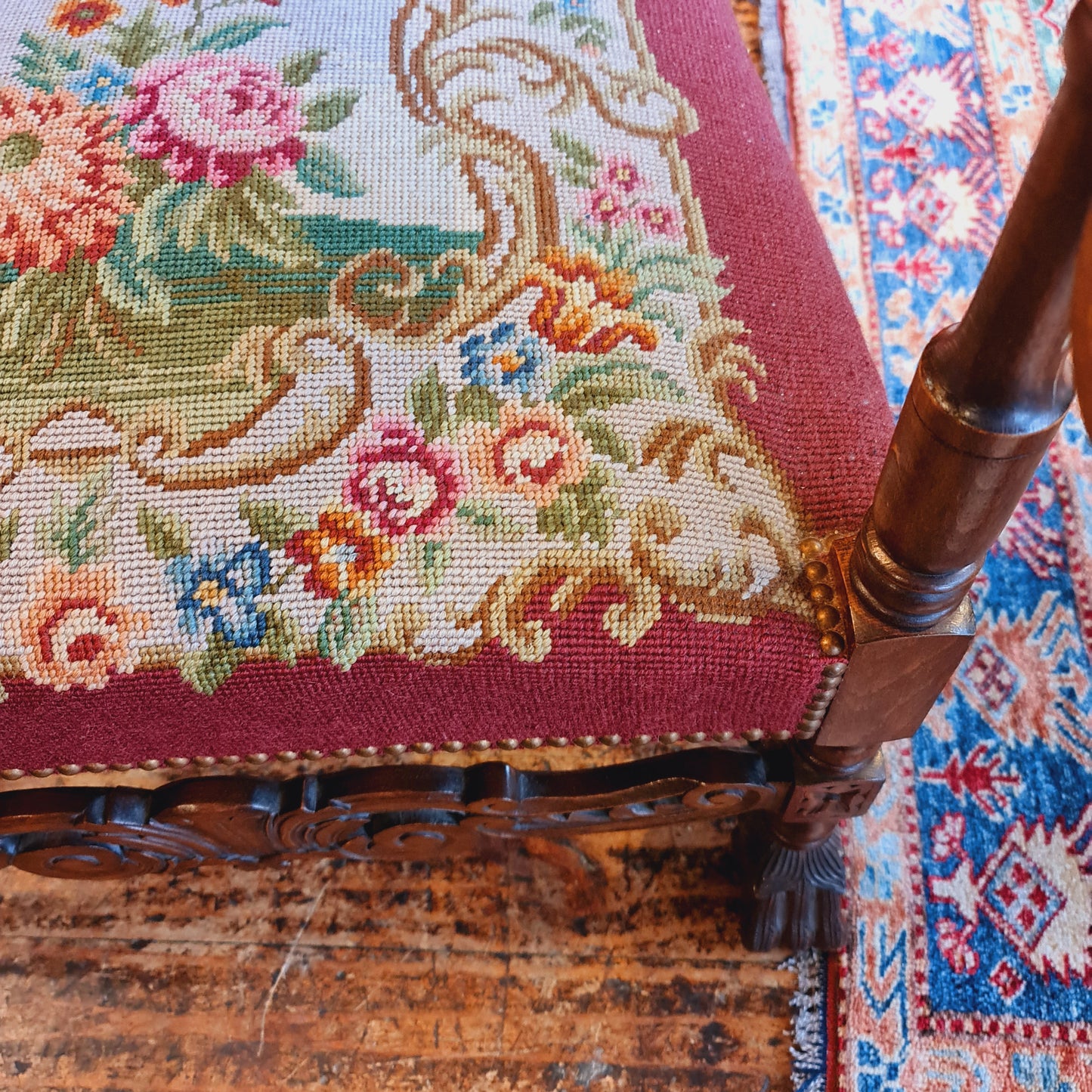 Antique French Armchair Fauteuille with Oak Frame and Hand Woven Tapestry